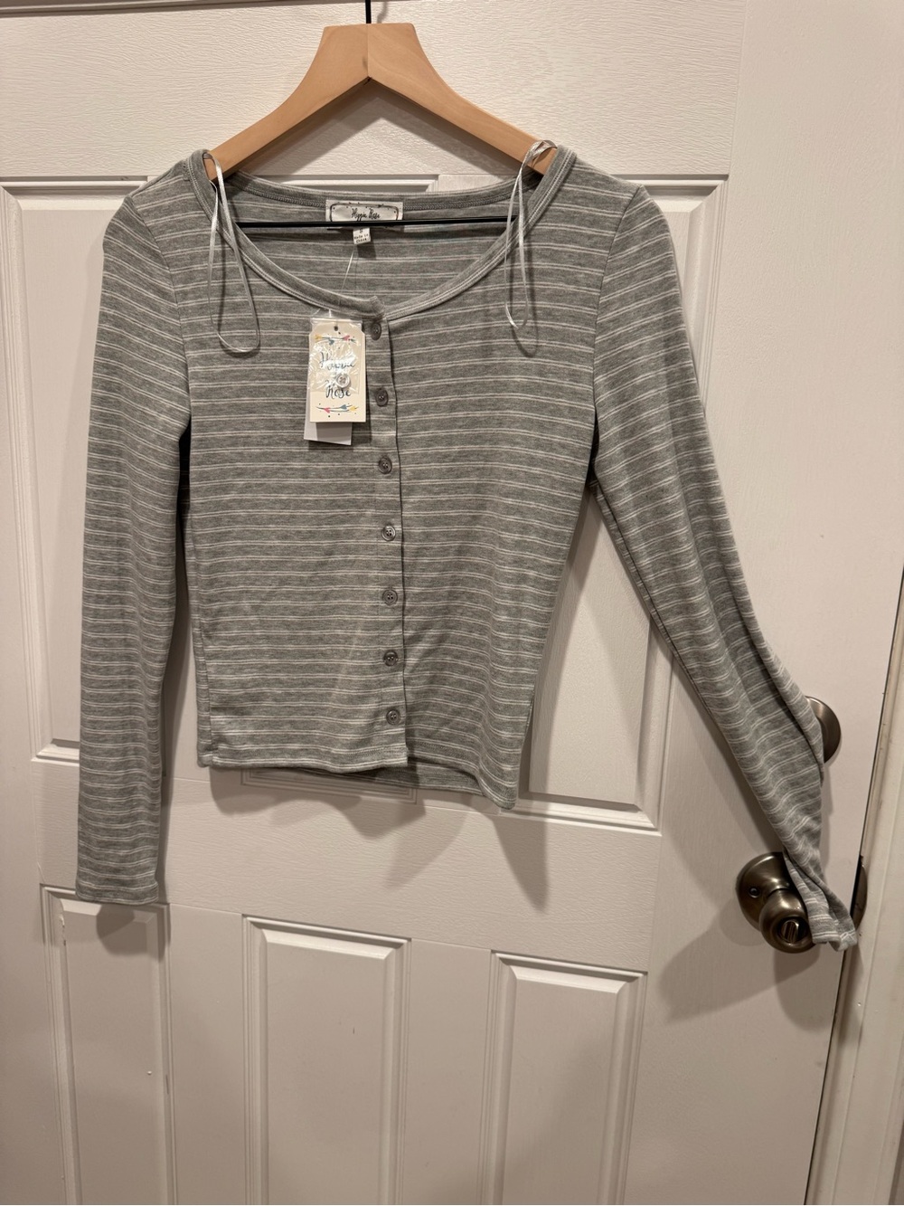 Hippie Rose Gray Striped Button-Front Long Sleeve Top
